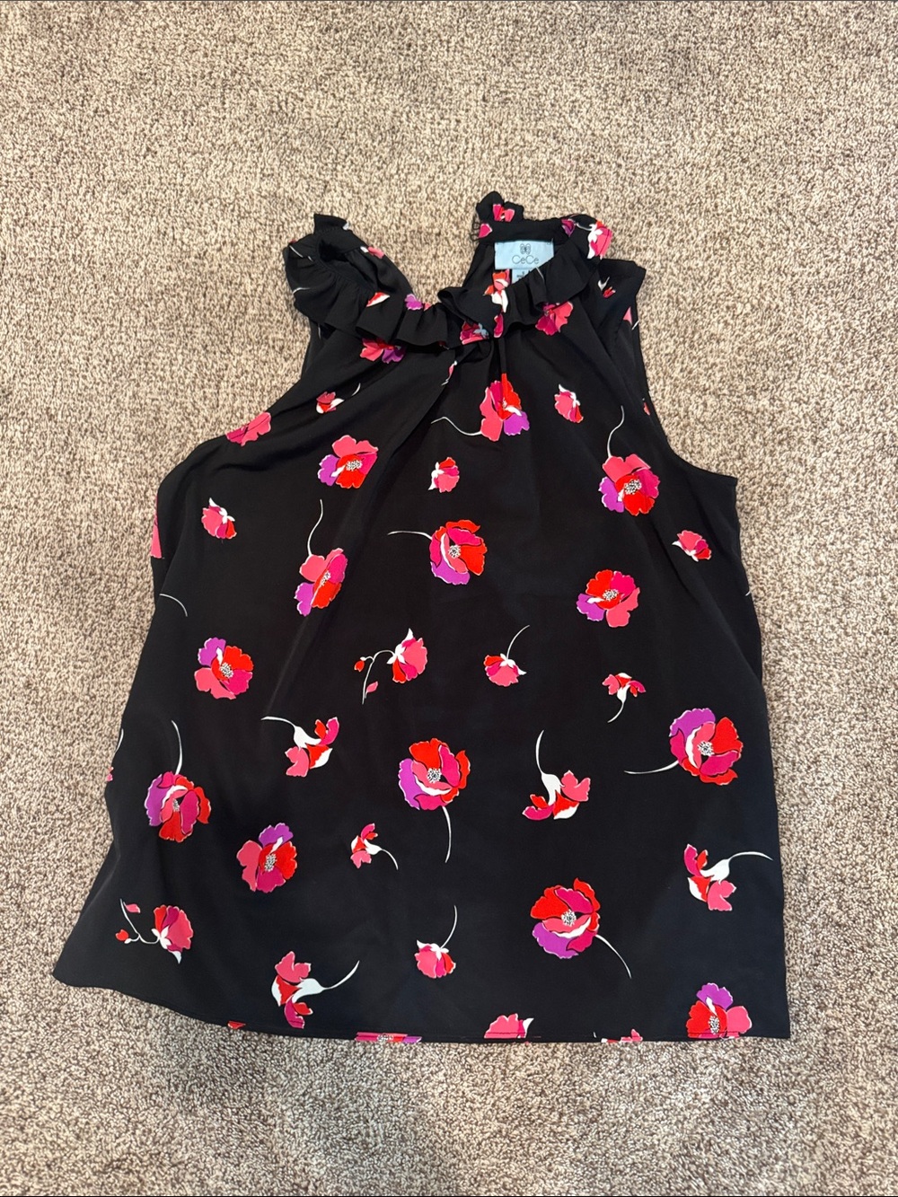 CeCe Black Sleeveless Ruffle Neck Tank with Pink & Red Floral Print